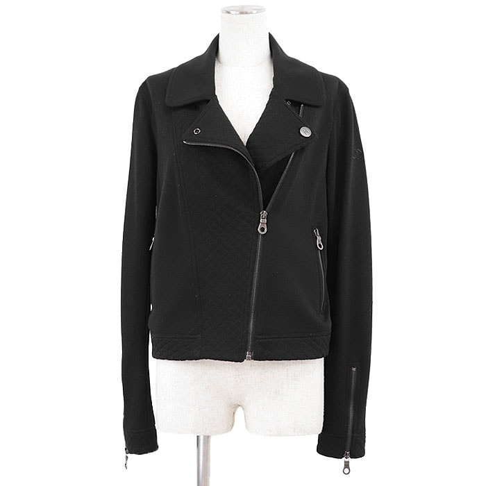美品 シャネル ライダースジャケット マトラッセ ダイヤモンドキルト ジャージー ジャケット レディース ブラック 40 CHANEL
