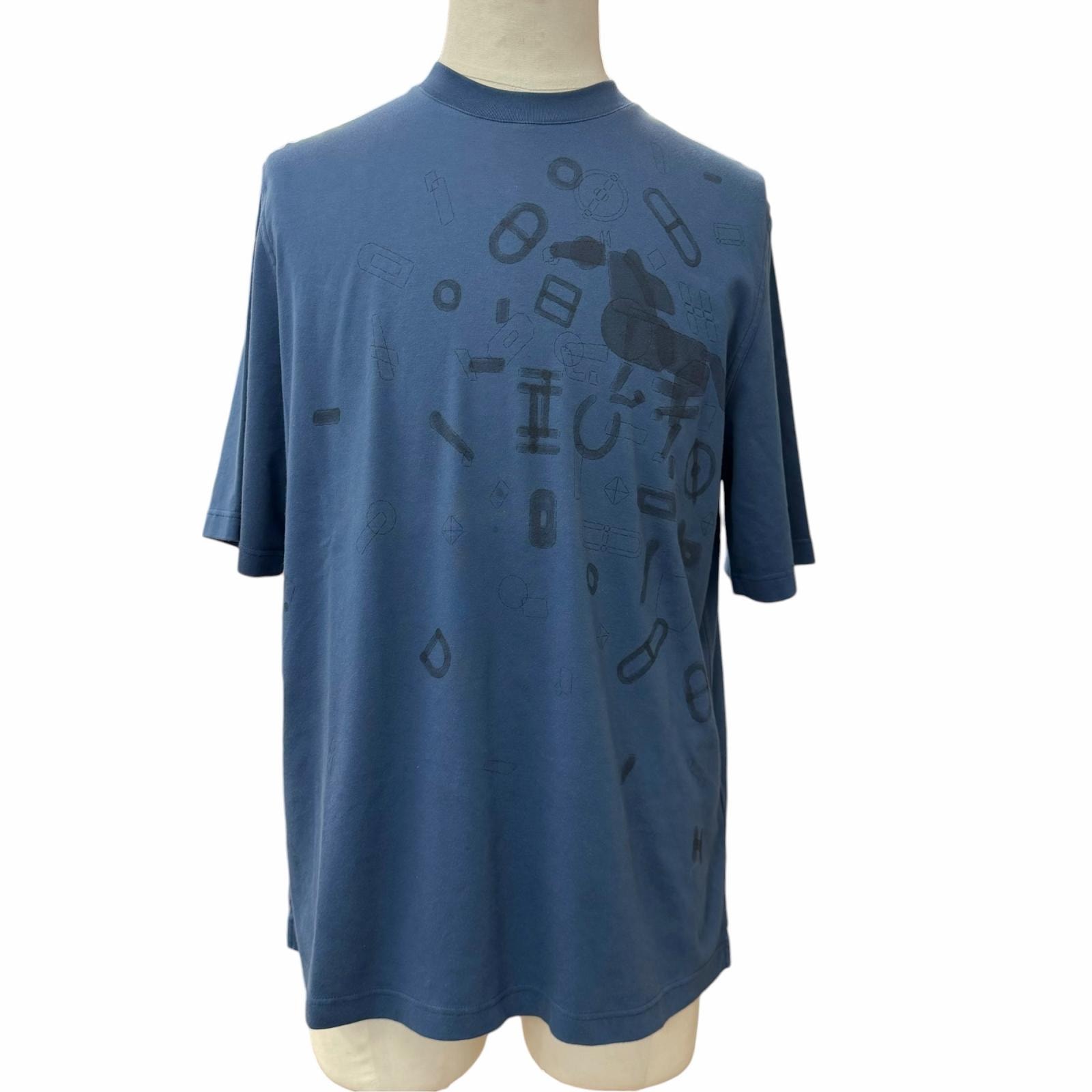 美品 エルメス 半袖Tシャツ FRAGMENTS EQUESTRES ブルー M