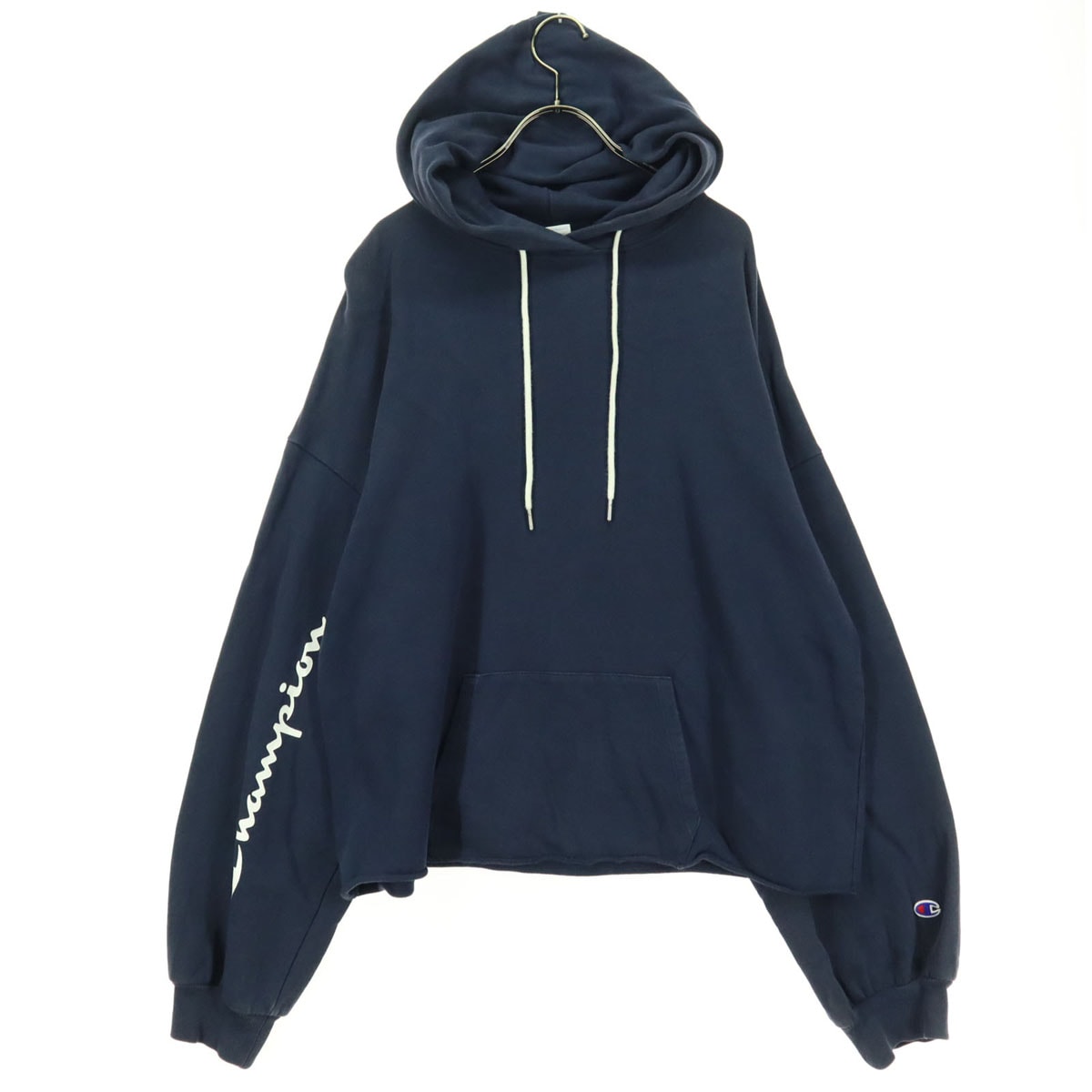 Champion チャンピオン ワンポイントロゴ 長袖 裾カットオフ風 ボリューム袖 スウェットパーカー L ネイビー