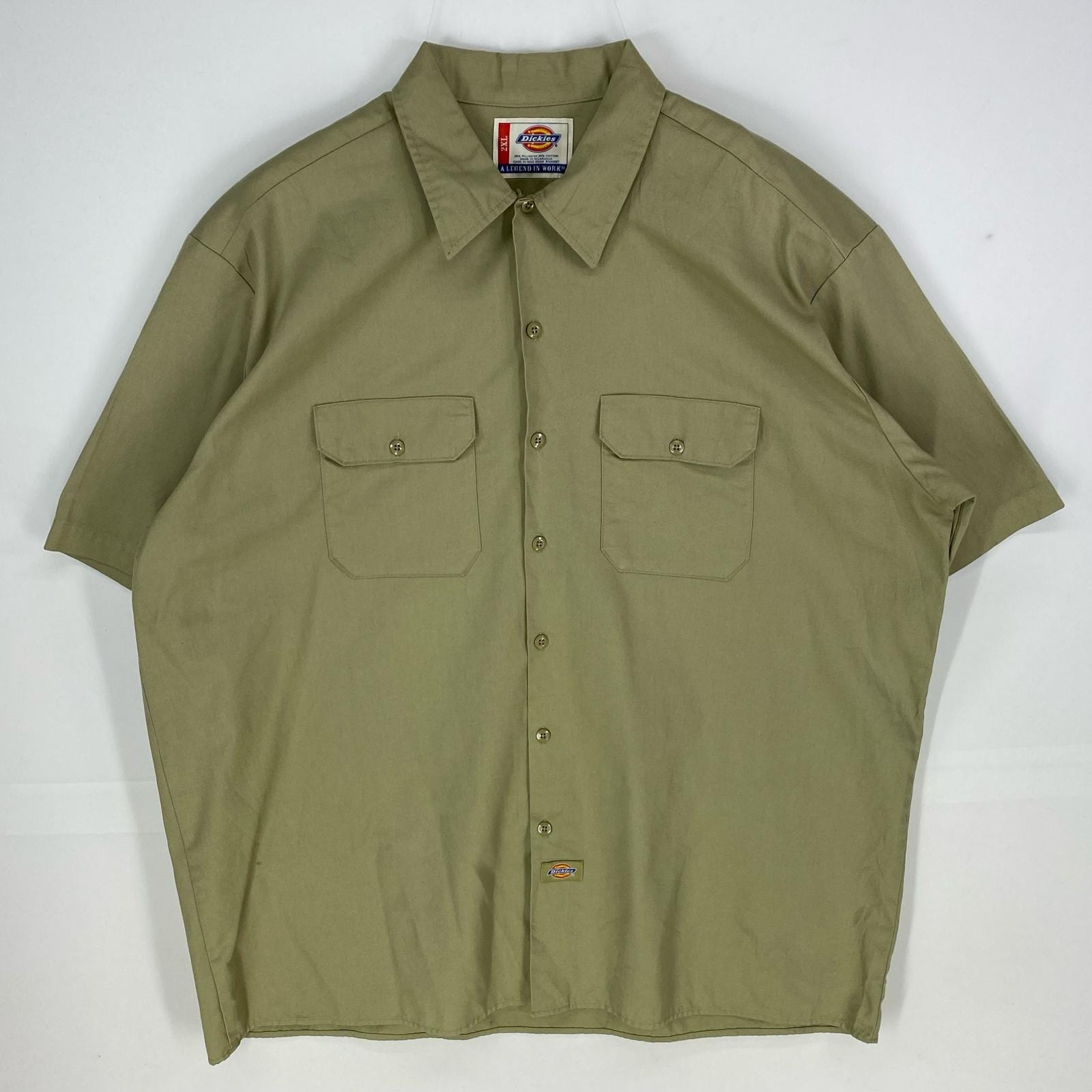 古着 ディッキーズ Dickies 半袖シャツ 胸ポケット 大きいサイズ ショートスリーブ ワーク 2XL  ベージュ系 無地 メンズ