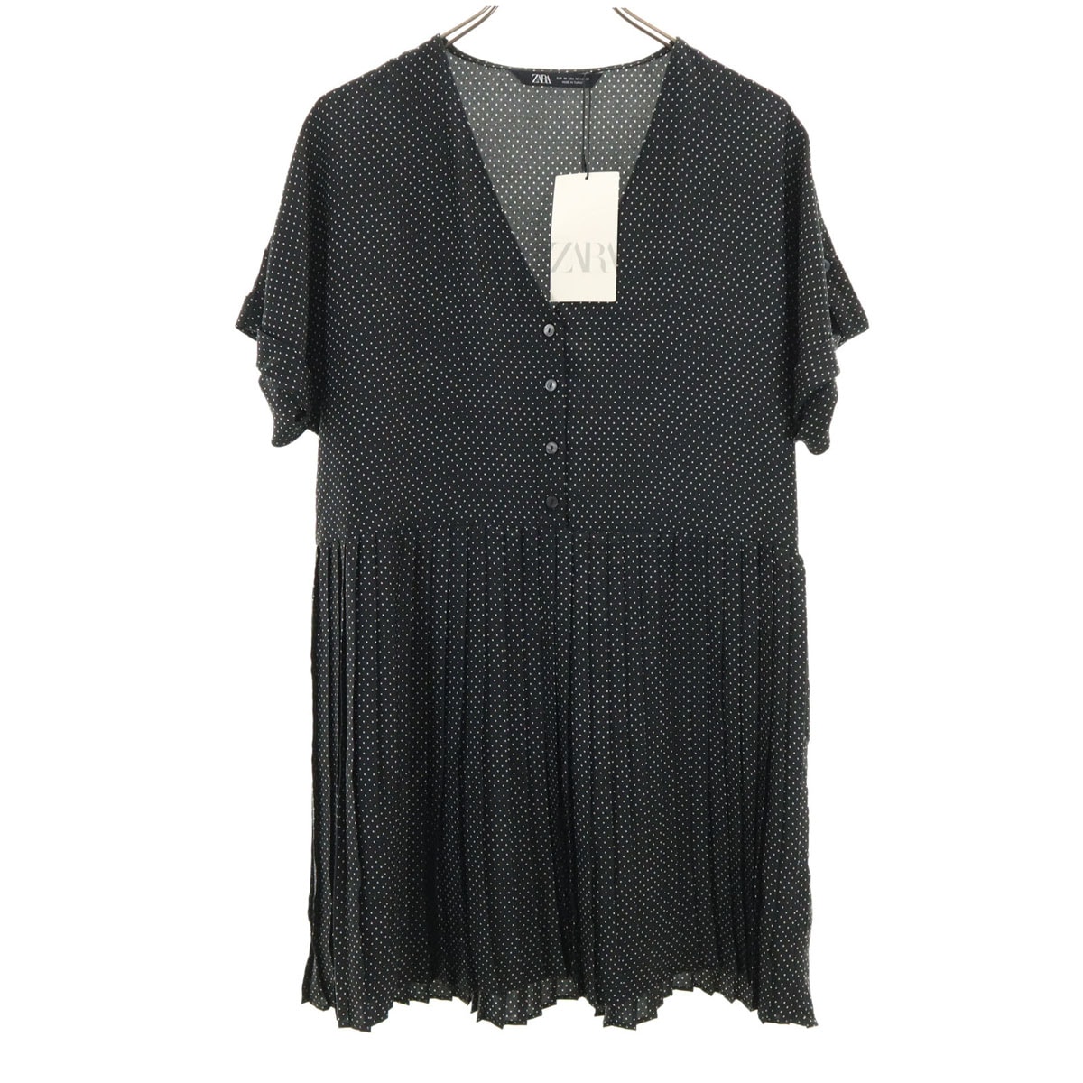 未使用 ZARA ザラ ドット柄 半袖 Vネック ミニワンピース M ブラック