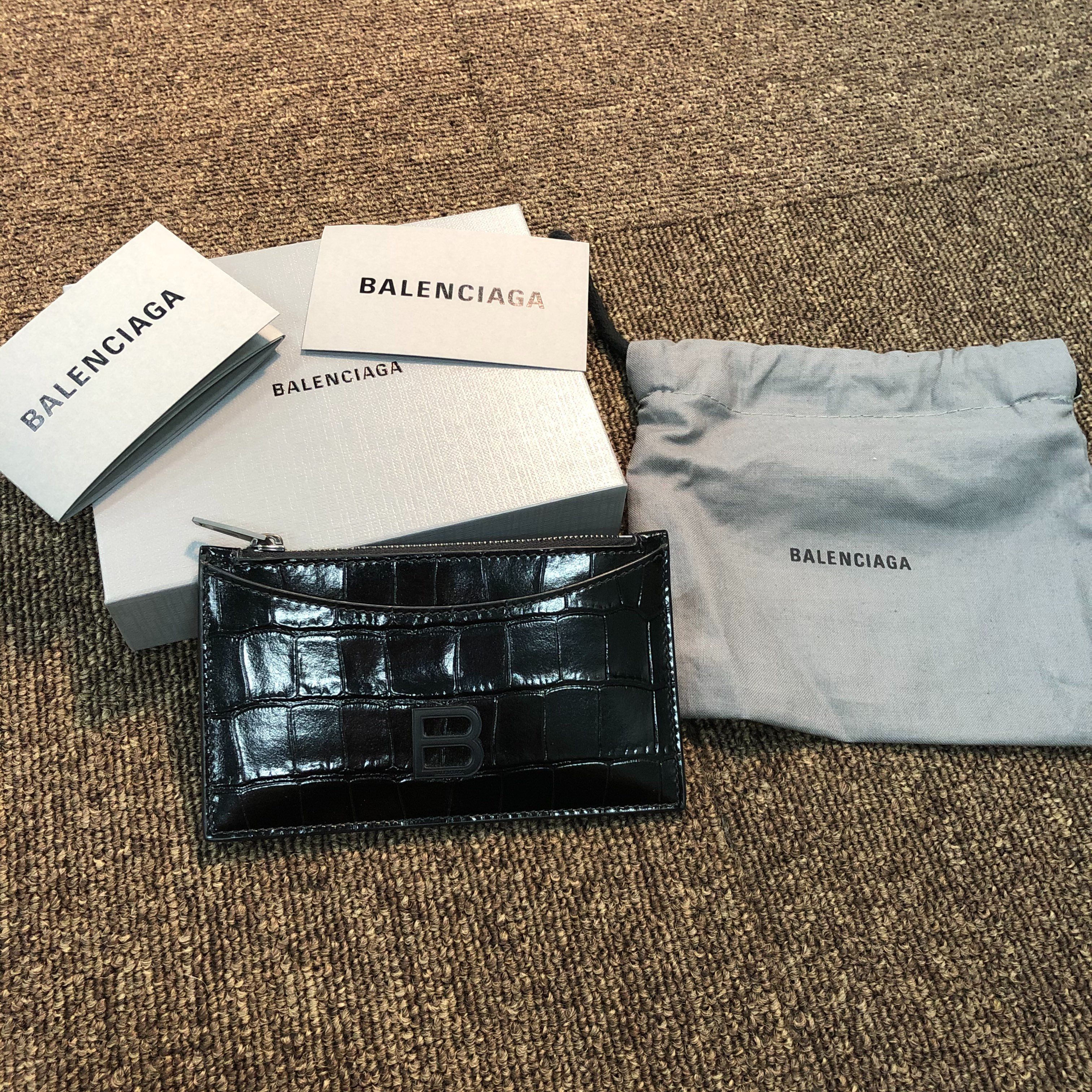 BALENCIAGA Hourglass Card Holder Shiny Crocodile Embossed Calfskin "Black"