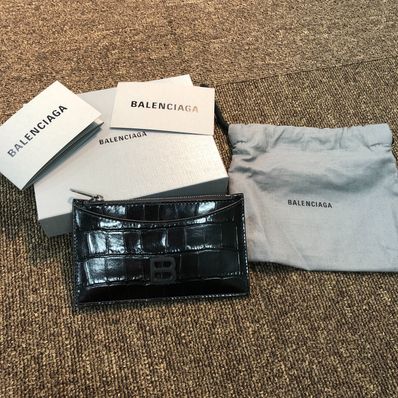 BALENCIAGA Hourglass Card Holder Shiny Crocodile Embossed Calfskin "Black"
