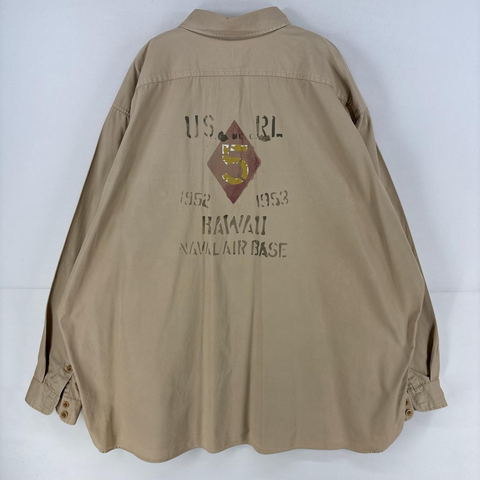 古着 ポロ・ラルフローレン POLO RALPH LAUREN 長袖シャツ ステンシル 胸ポケット 大きいサイズ バックロゴ 3XL  ベージュ メンズ