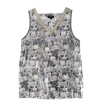 CHANEL シャネル タンクトップ 猫 ハンドサイン トップス ノースリーブ アパレル 服 34 シルバー ゴールド シルク ポリエステル レディース 春 夏 美品【中古品】
