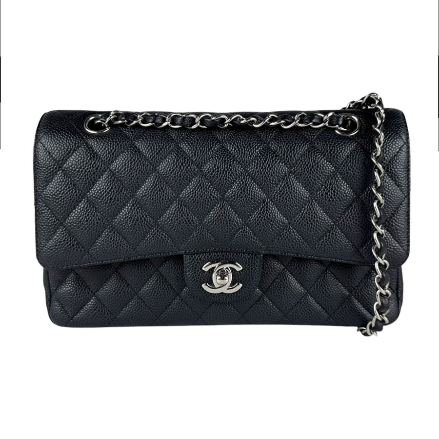 シャネル CHANEL ショルダーバッグ ダブルフラップ マトラッセ キャビアスキンレザー ブラック シルバー レディース【中古】 z10997