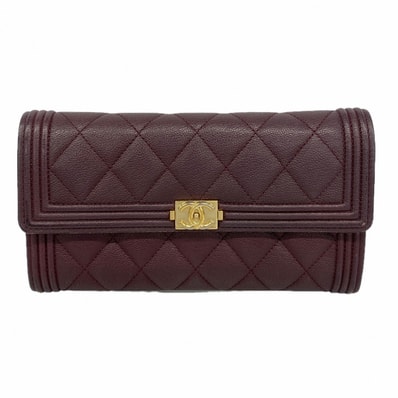 【6eb1036-k】シャネル 長財布 ボーイシャネル キャビアスキン ボルドー ゴールド金具【中古】レディース