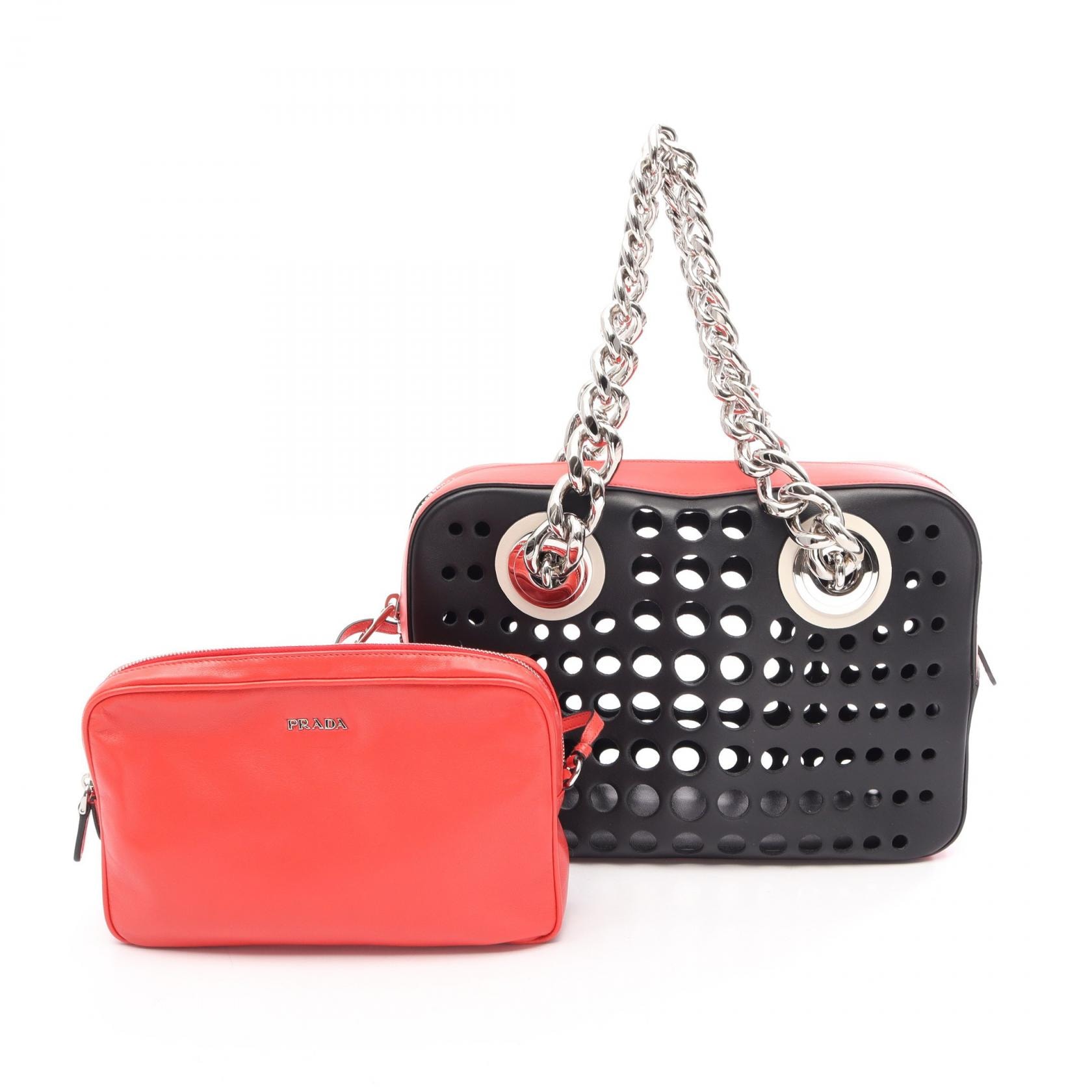 プラダ PRADA City Fori パンチング トートバッグ バッグ レザー レディース ブラック系 / レッド系 【中古】