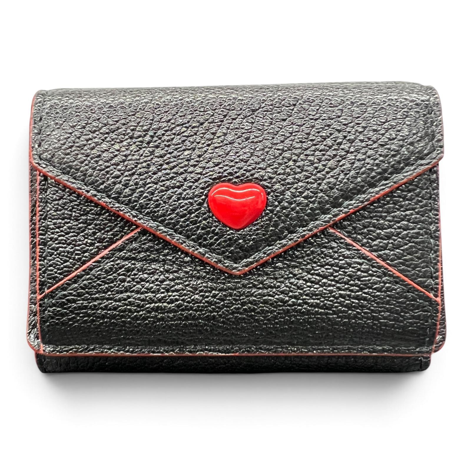 MIUMIU 希少 展示品級美品 ミュウミュウ MADRAS FOREVER マドラス フォーエバー 三つ折り財布 5MH021 レザー ブラック ロゴ ハート コンパクトウォレット ミニ財布 miumiu SAランク 中古 鑑定済 ミュウミュウ財布