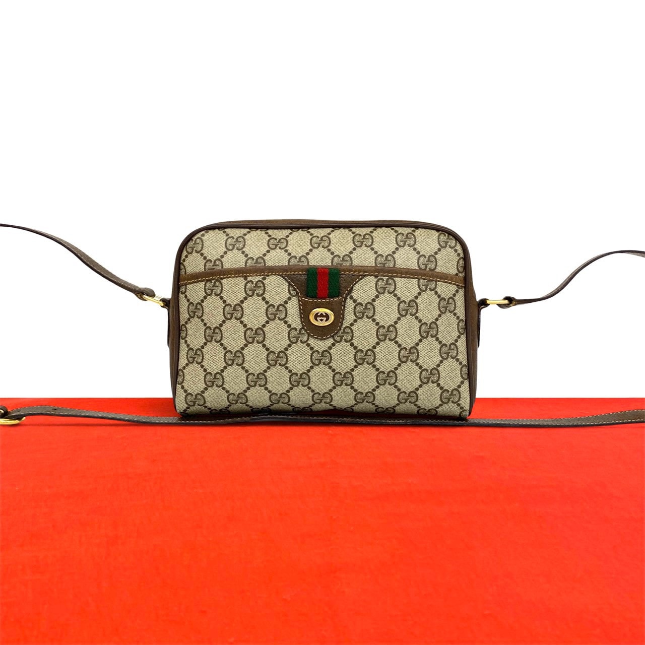 GUCCI グッチ シェリーライン GG 柄 ロゴ レザー PVC ショルダーバッグ ブラウン
 161-6