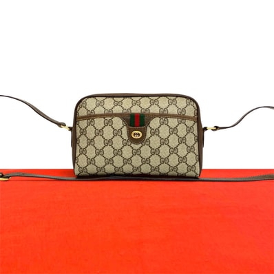 GUCCI グッチ シェリーライン GG 柄 ロゴ レザー PVC ショルダーバッグ ブラウン
161-6