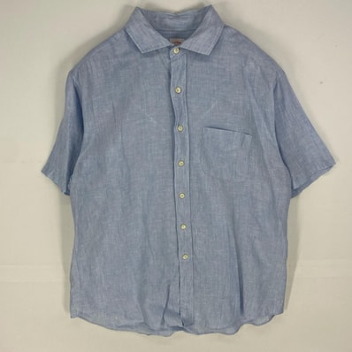 古着 ブルックスブラザーズ Brooks Brothers 半袖シャツ 胸ポケット 1818 リネンシャツ ショートスリーブ L 水色系 無地 メンズ