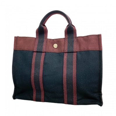 【6dc2312-k】エルメス ハンドバッグ フールトゥPM キャンバス ブラック ボルドー シルバー金具【中古】メンズ レディース ユニセックス