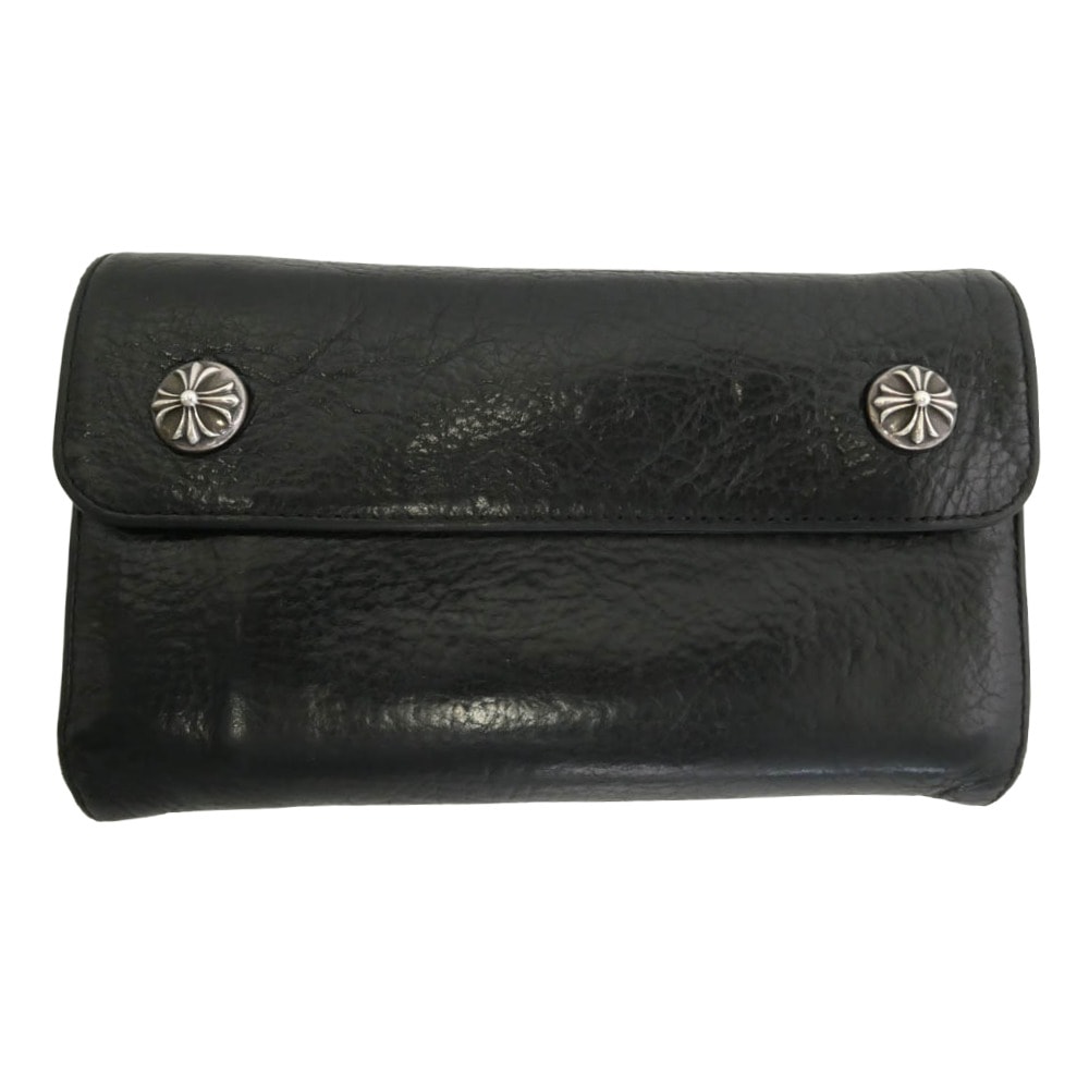 CHROME HEARTS クロムハーツ(原本有) WAVE CROSS BALL ウェーブ クロスボールボタン レザーウォレット 財布 ブラック系【中古】
