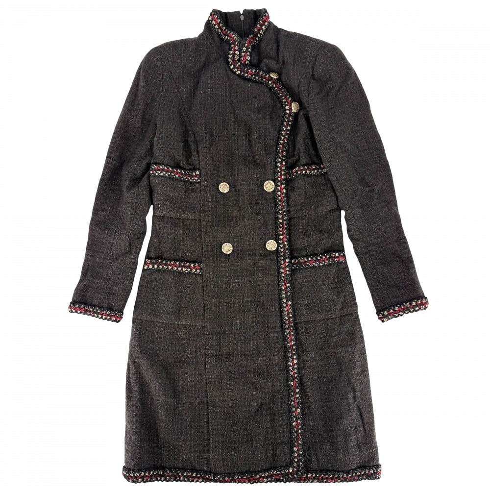 CHANEL シャネル ワンピース ツイード スタンドカラー アパレル 服 長袖 36 ブラウン 茶 ゴールド金具 レディース 秋 冬【中古品】