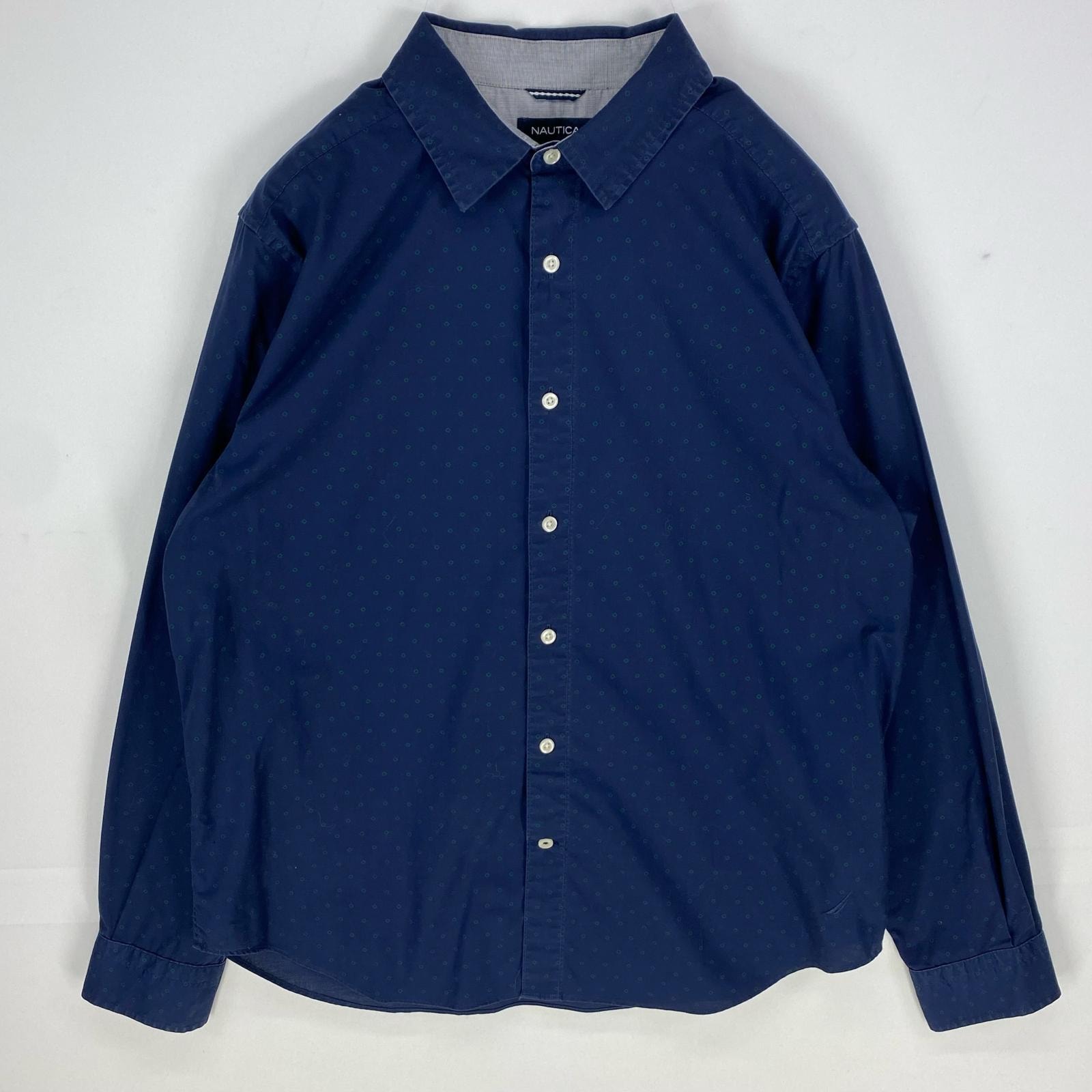 古着 ノーティカ NAUTICA 長袖シャツ ワンポイントロゴ刺繍 ロングスリーブ 総柄 L  ネイビー系 ドット メンズ