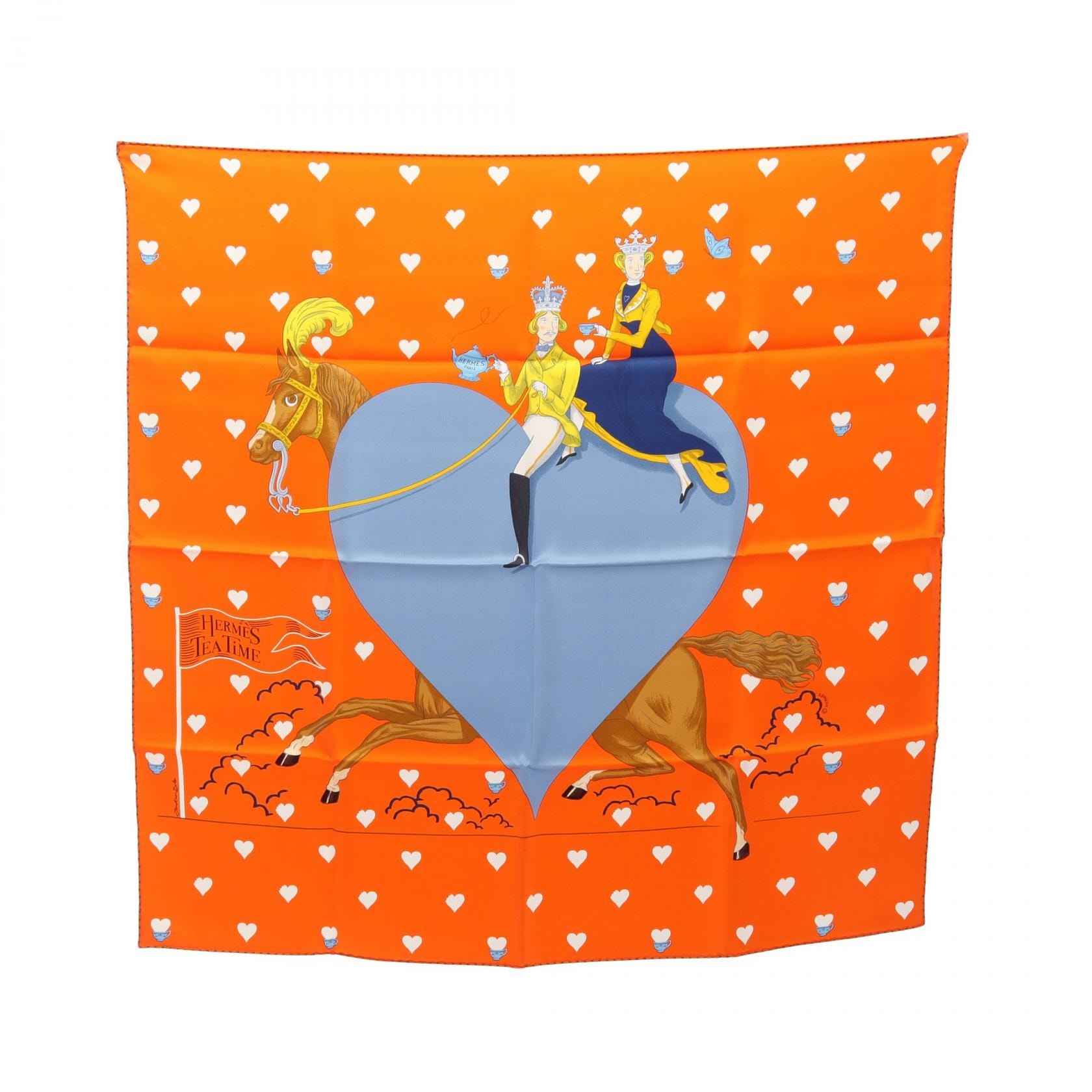 エルメス HERMES カレ70 TEA TIME スカーフ 衣料品 シルク シルク オレンジ レディース オレンジ系 / ブルー系 / マルチカラー 【中古】
