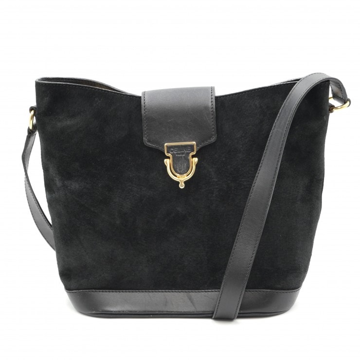CELINE(セリーヌ)ヴィンテージ スエード ショルダーバッグ ブラック レザー ゴールド金具 レディース イタリア製 【中古】