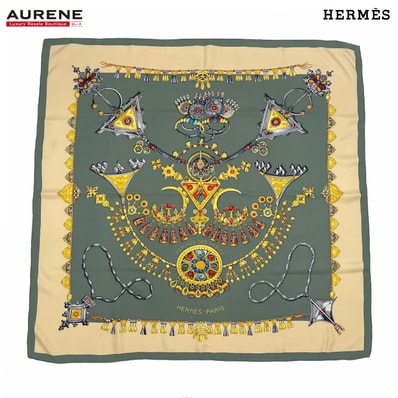 HERMES エルメス スカーフ カレ90 PARURES DES SABLES 砂漠のアクセサリー 宝石柄 ストール ハンカチ シルク グリーン ユニセックス 【中古】