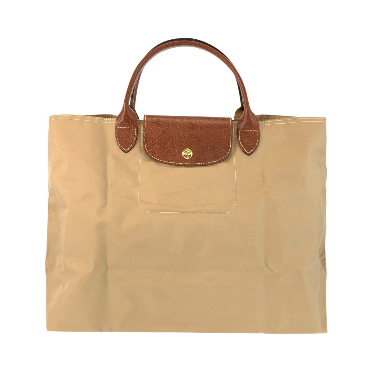美品 Longchamp ロンシャン ル プリアージュ ベージュ ブラウン ゴールド金具 ナイロン レザー/ ハンドバッグ トートバッグ 602824 【中古】