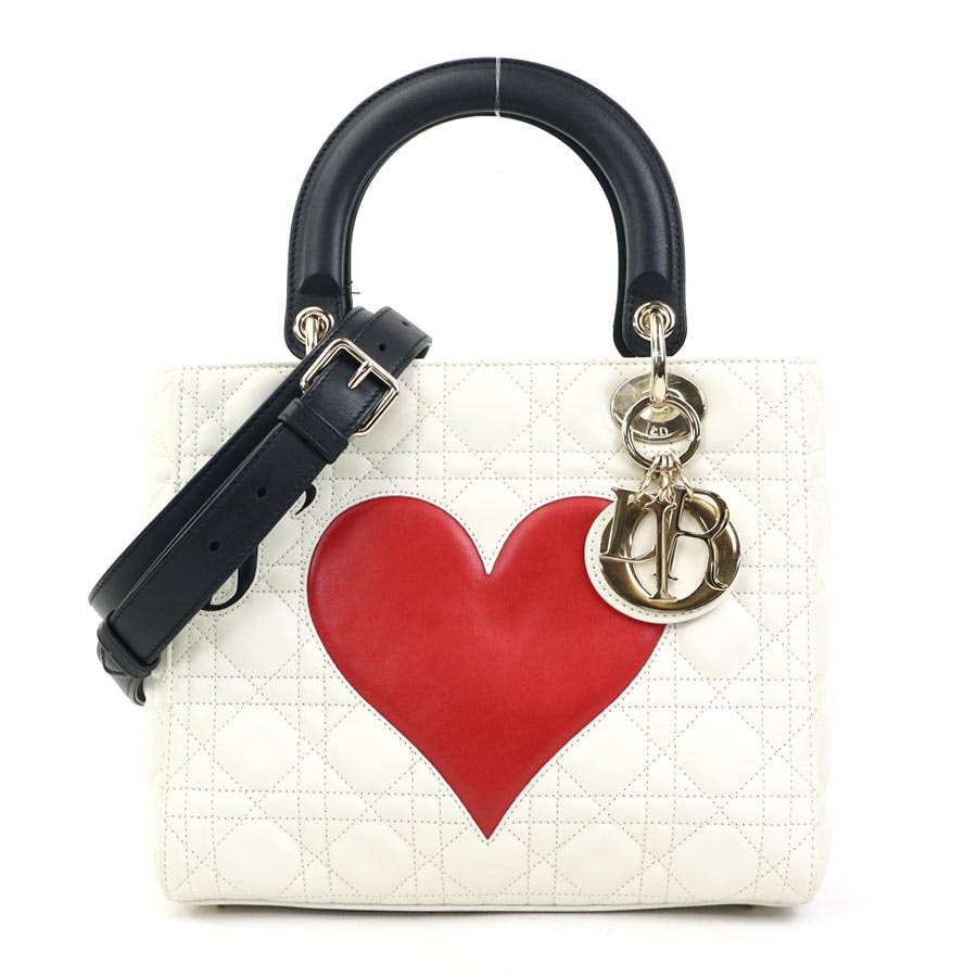 クリスチャンディオール Christian Dior ハンドバッグ ショルダーバッグ ディオールアムール レディディオール ラムスキン ホワイト×ブラック×レッド レディース【中古】 90130k