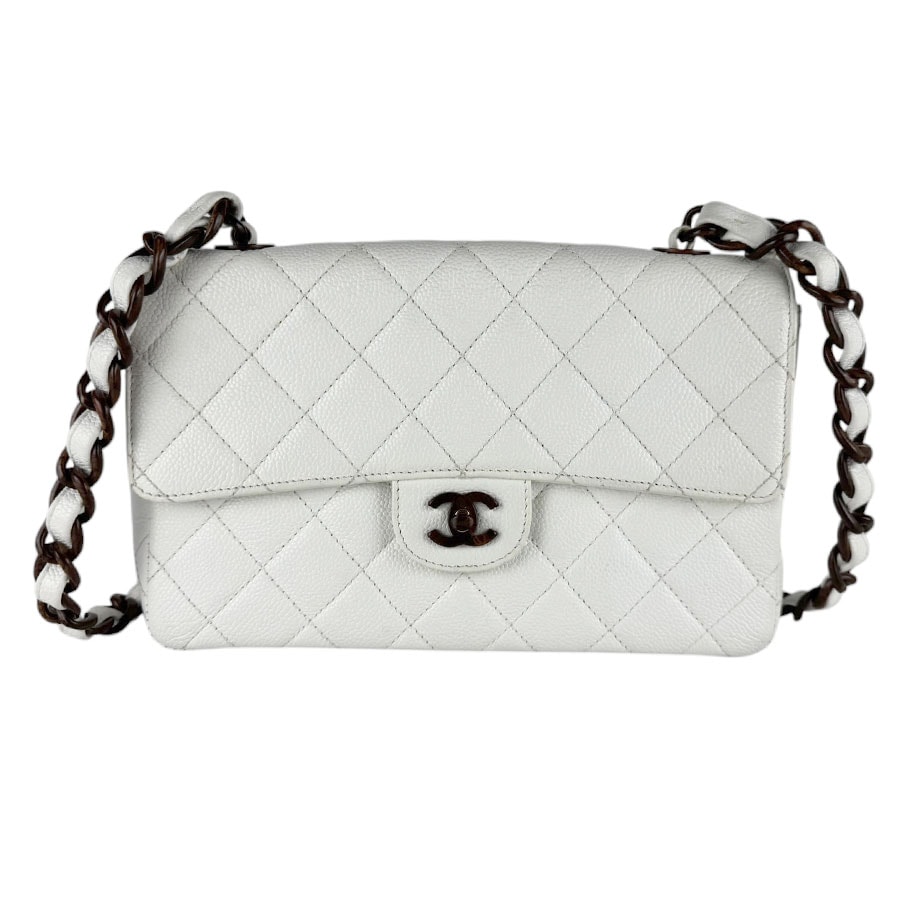 シャネル CHANEL ショルダーバッグ キャビアスキンレザー/ウッド ホワイト/ブラウン レディース【中古】 z10075