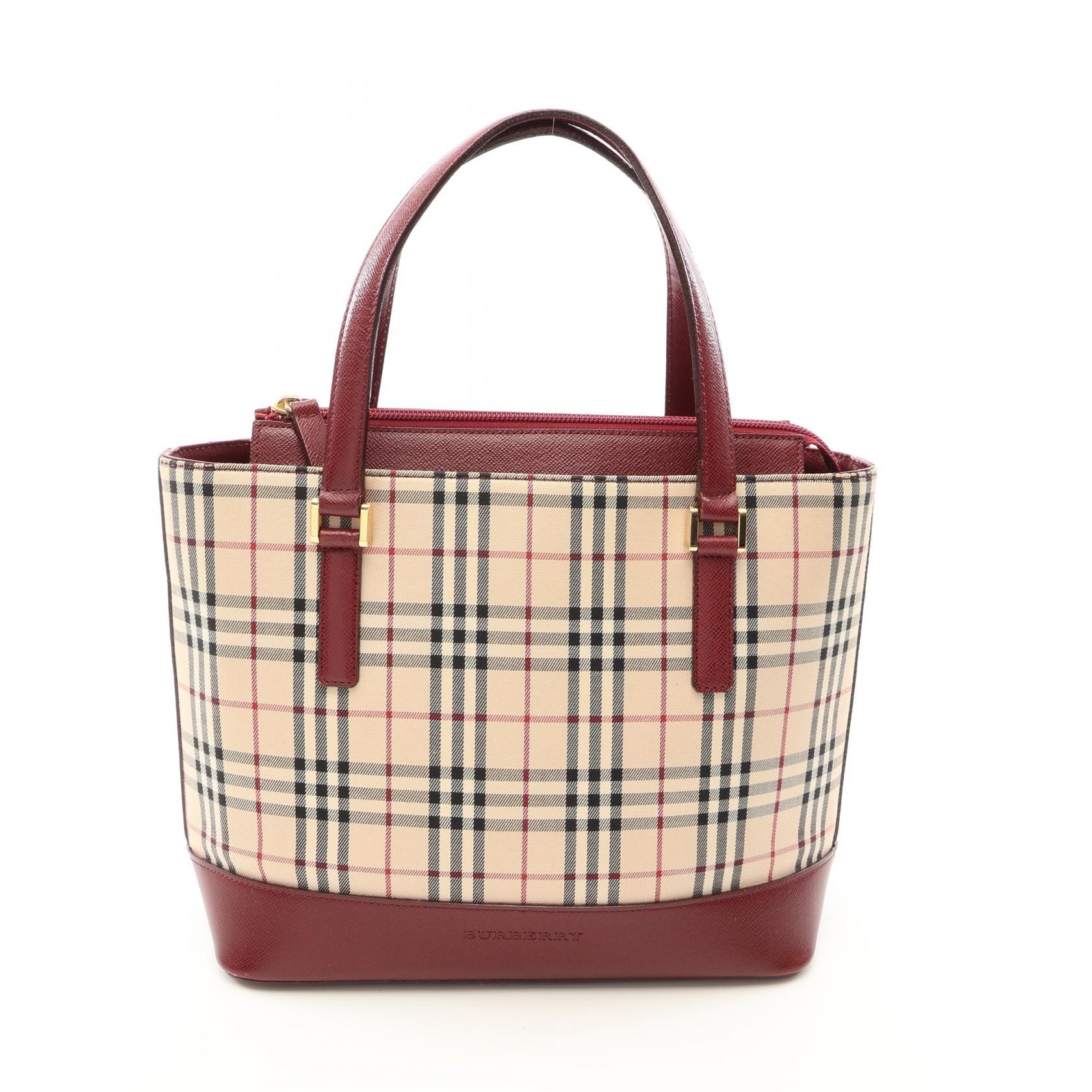 バーバリー BURBERRY ノバチェック トートバッグ バッグ キャンバス レザー レディース ベージュ系 / ボルドー系 【中古】