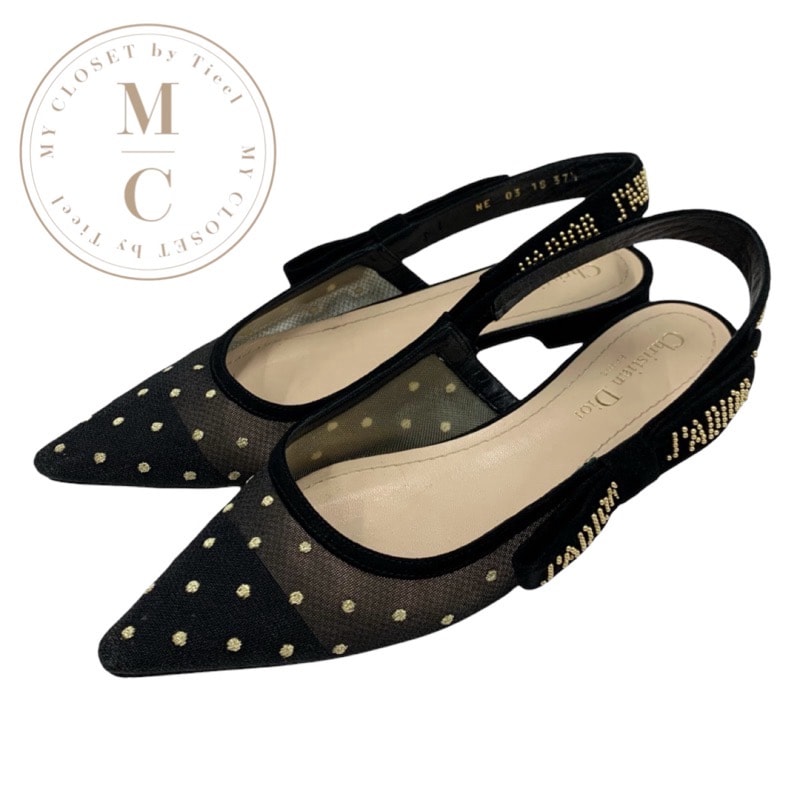 クリスチャンディオール CHRISTIAN DIOR JADIOR パンプス 靴 シューズ メッシュ スエード ブラック 黒 ゴールド フラットパンプス サンダル ドット スタッズ スリングバック