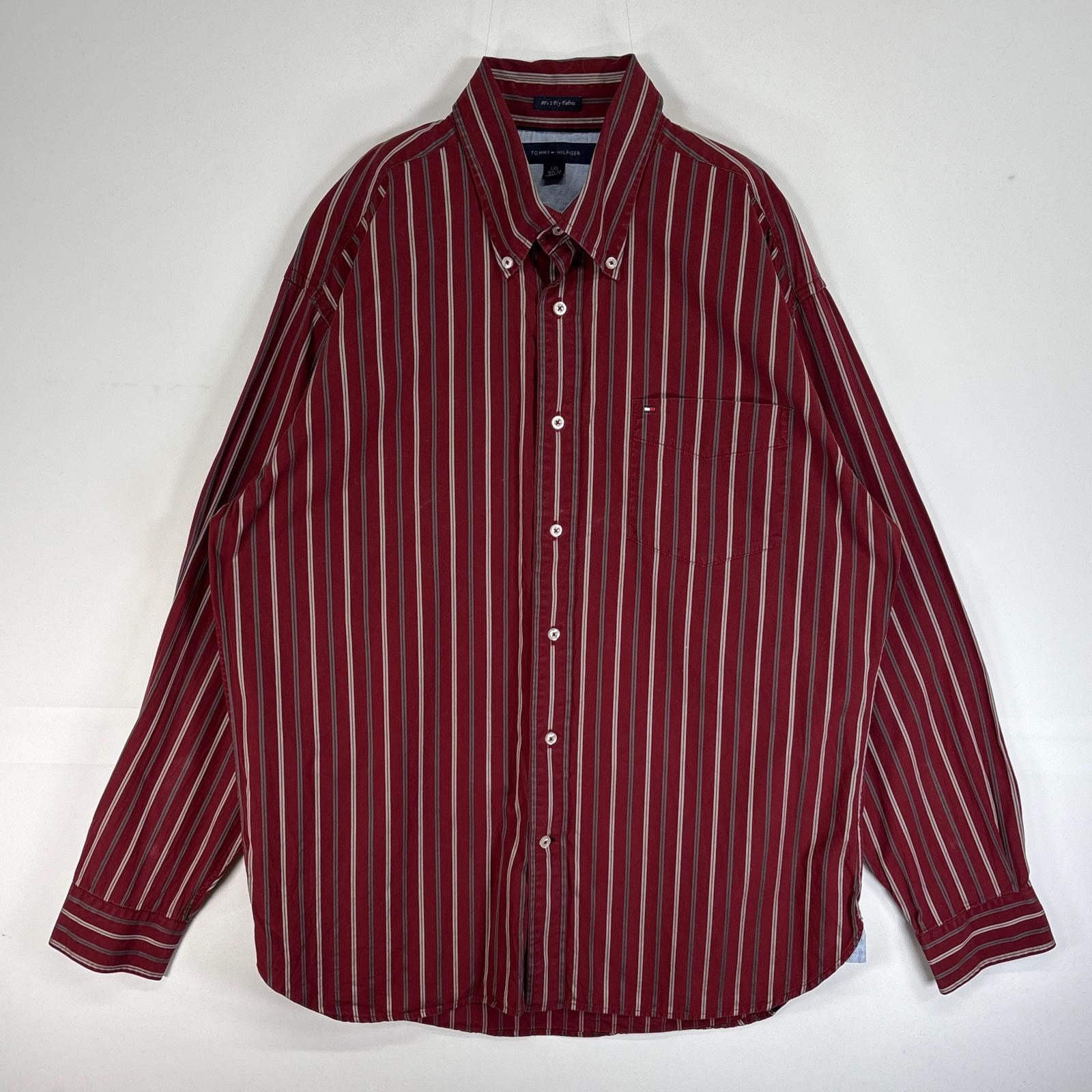 古着 トミーヒルフィガー TOMMY HILFIGER 長袖シャツ ストライプ ロゴ 刺繍 ボタンダウン L  レッド系 マルチカラー メンズ