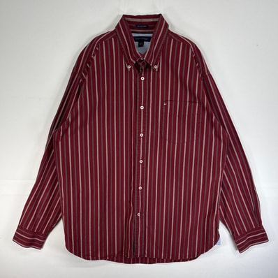 古着 トミーヒルフィガー TOMMY HILFIGER 長袖シャツ ストライプ ロゴ 刺繍 ボタンダウン L レッド系 マルチカラー メンズ