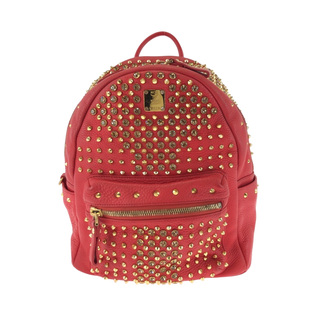 美品 MCM エム シー エム スタッズ レッド ゴールド金具 レザー リュックサック バックパック 604323 【中古】