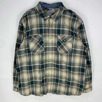 古着 カーハート Carhartt 長袖シャツ スナップボタン 胸ポケット ワンポイント ロングスリーブ 3XL ベージュ系 チェック メンズ