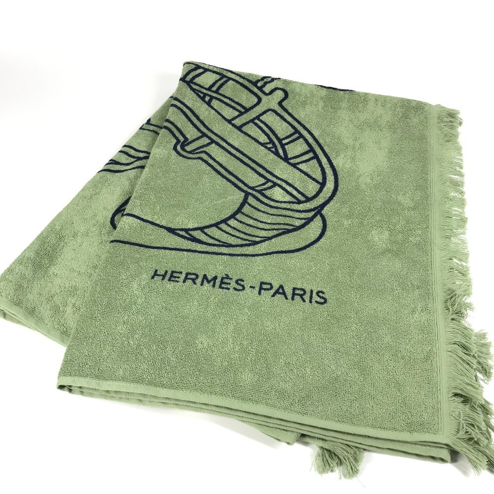 エルメス HERMES ヨッティング プラージュ テレサ DRAP DE PLAGE YACHTING THALASSA バスタオル インテリア ひざかけ ブランケット フリンジ タオル コットン グリーン