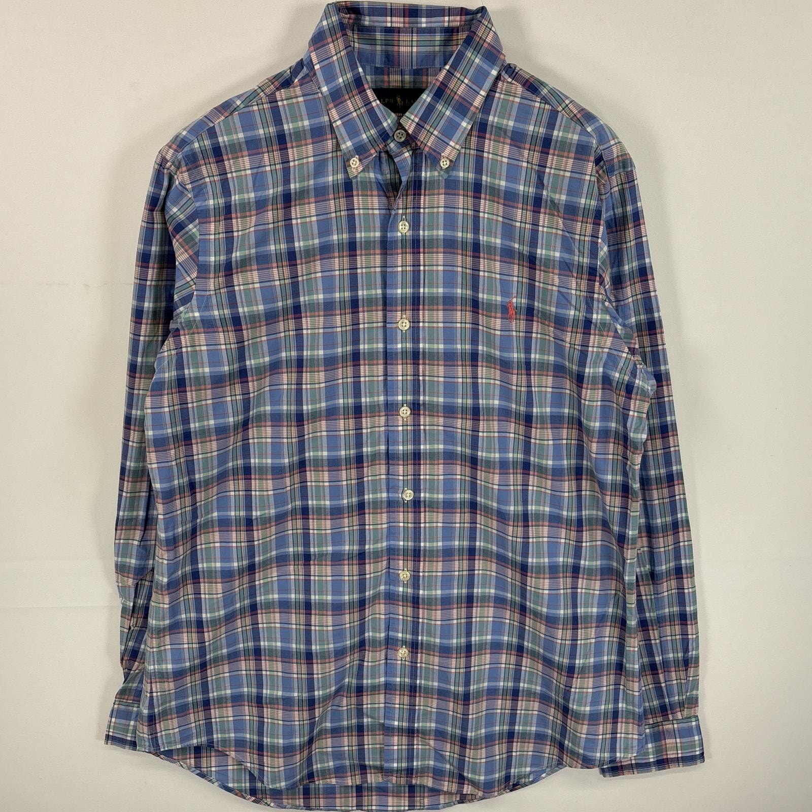 古着 ラルフローレン RALPH LAUREN 長袖シャツ ボタンダウンシャツ ワンポイント ロゴ 刺繍 M  ブルー系 チェック メンズ