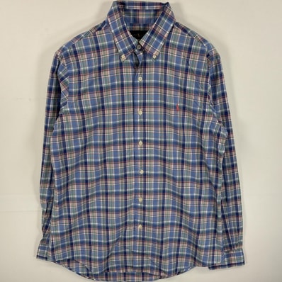 古着 ラルフローレン RALPH LAUREN 長袖シャツ ボタンダウンシャツ ワンポイント ロゴ 刺繍 M ブルー系 チェック メンズ