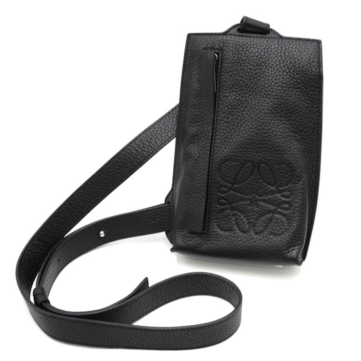 LOEWE(ロエベ)アナグラム バーティカル Tポケット ショルダーバッグ クロスボディバッグ ブラック グレインカーフスキン レザー シルバー金具 斜め掛け レディース メンズ ユニセックス【中古】