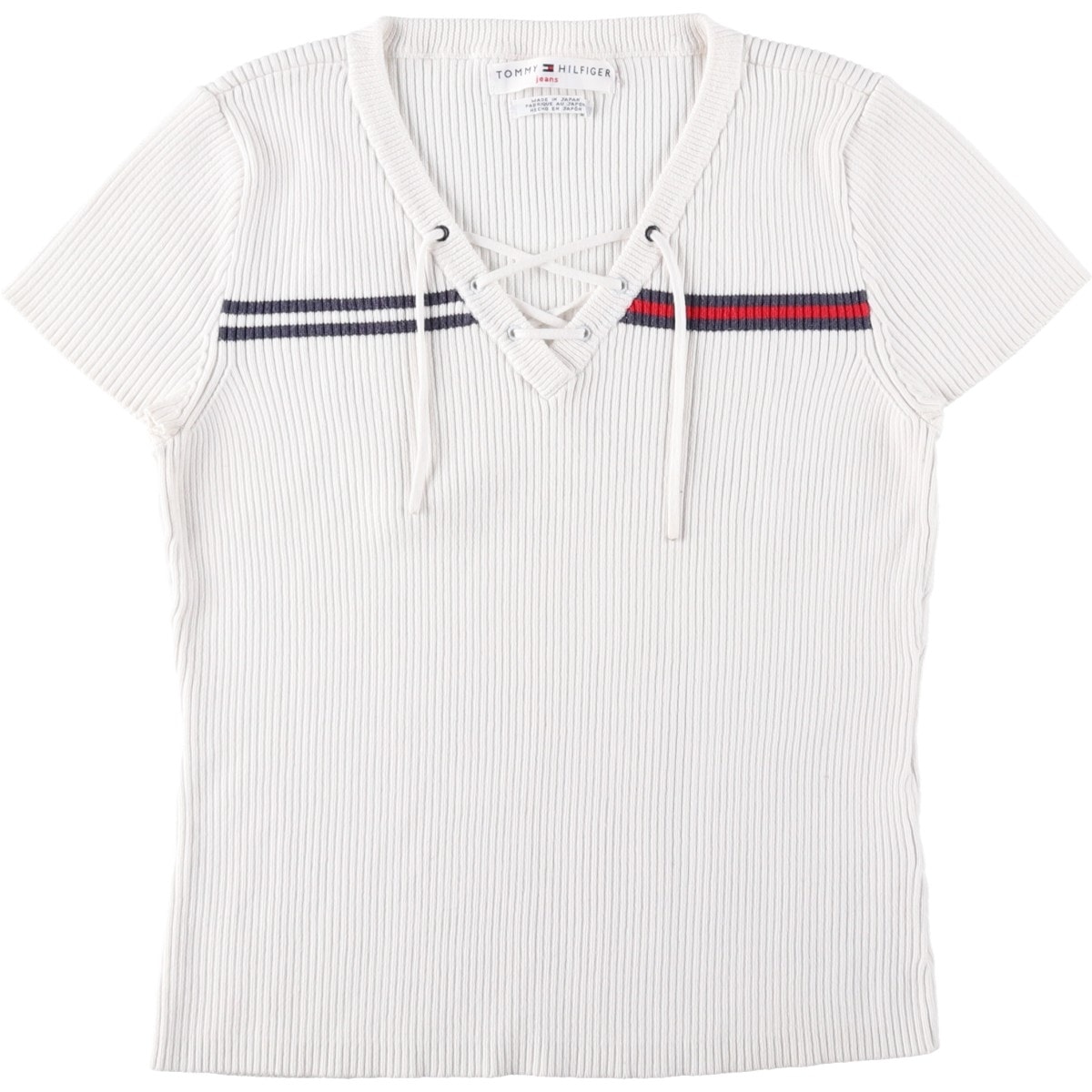 古着 トミーヒルフィガー TOMMY HILFIGER JEANS リブ編み レースアップ Vネック 半袖 コットンニットセーター レディースS相当/eaa618778