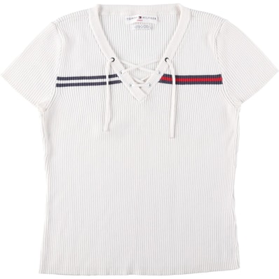 古着 トミーヒルフィガー TOMMY HILFIGER JEANS リブ編み レースアップ Vネック 半袖 コットンニットセーター レディースS相当/eaa618778