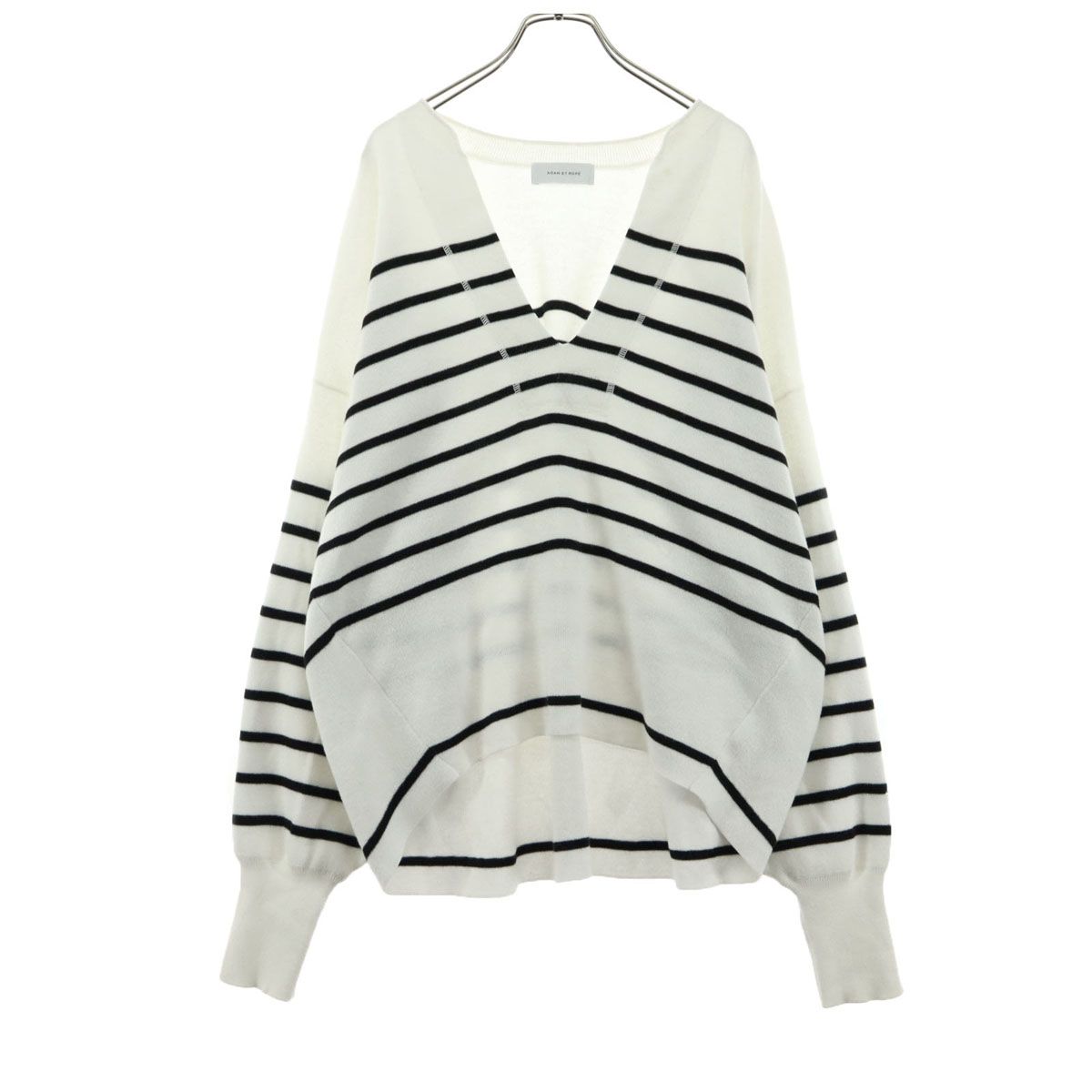 Adam et Rope' アダムエロペ ボーダー柄 長袖 Vネック セーター F ホワイト
