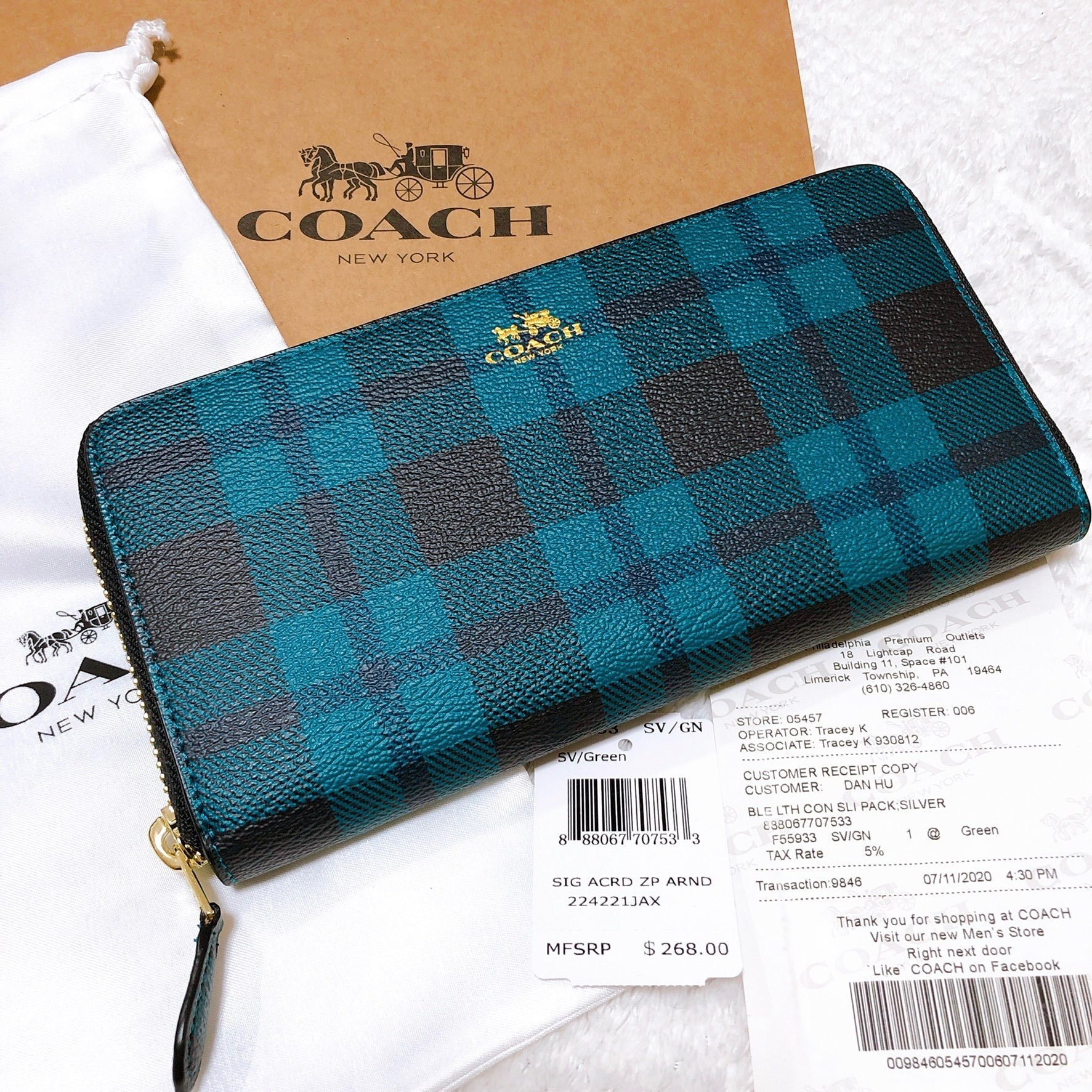 COACH Plaid Zip Around Wallet "Green"