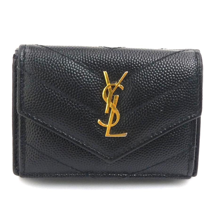 サンローラン SAINT LAURENT 三つ折り財布 レザー ブラック ゴールド レディース 602791【中古】 r11097a