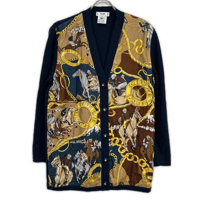 セリーヌ 1614493 ネイビー ヴィンテージスカーフ柄 シルク カーディガン 40