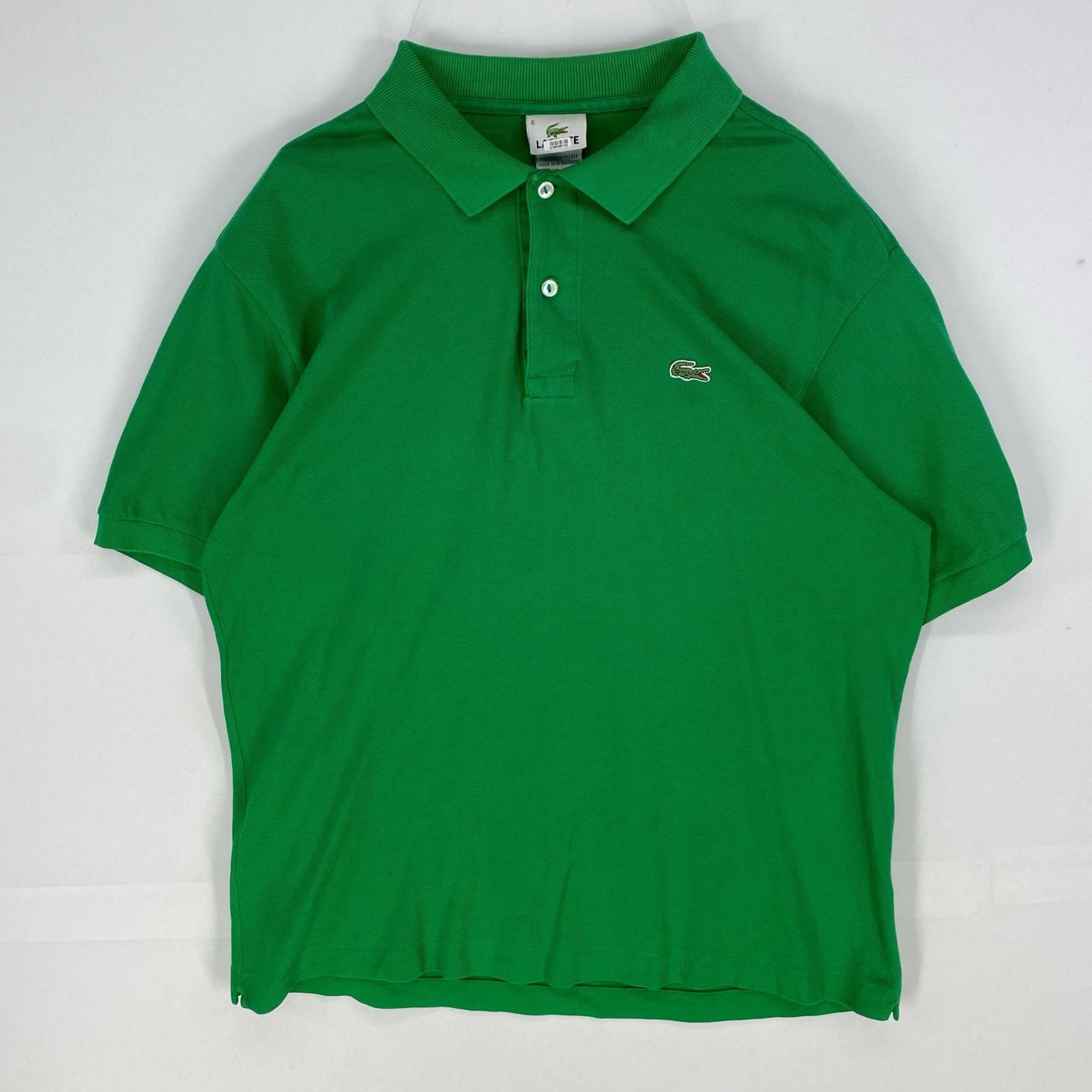 古着 ラコステ LACOSTE 鹿の子 半袖シャツ ワンポイント ワッペン ポロシャツ FR6=US XL〜XXL グリーン系 無地 メンズ