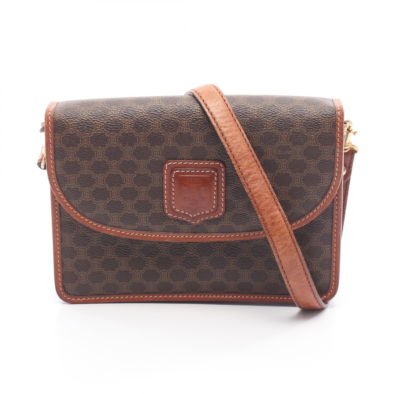 セリーヌ CELINE マカダム ショルダーバッグ バッグ PVCコーティングキャンバス レザー レディース ブラウン系 【中古】