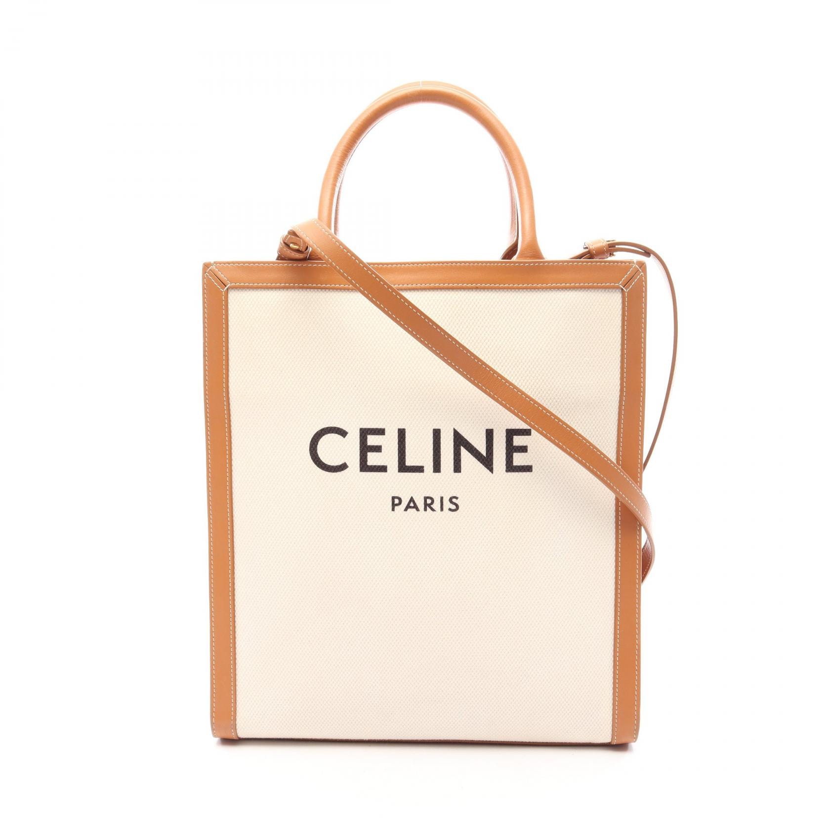 セリーヌ CELINE スモール バーティカル カバ 2WAY トートバッグ バッグ キャンバス レザー レディース アイボリー系 / ブラウン系 【中古】