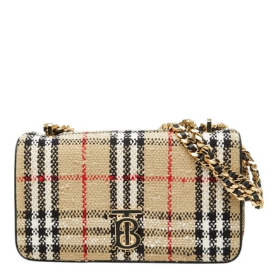 バーバリー ノバチェック ローラ スモール チェーン ショルダーバッグ ベージュ ツイード レザー レディース BURBERRY 中古