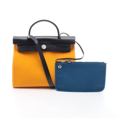 エルメス HERMES エールバッグジップPM ブ ハンドバッグ バッグ キャンバス レザー トワルオフィシエ / ヴァッシュハンター トワルオフィシエ ジョーヌドール A刻印(2017年製造) レディース イエロー系 / ネイビー系