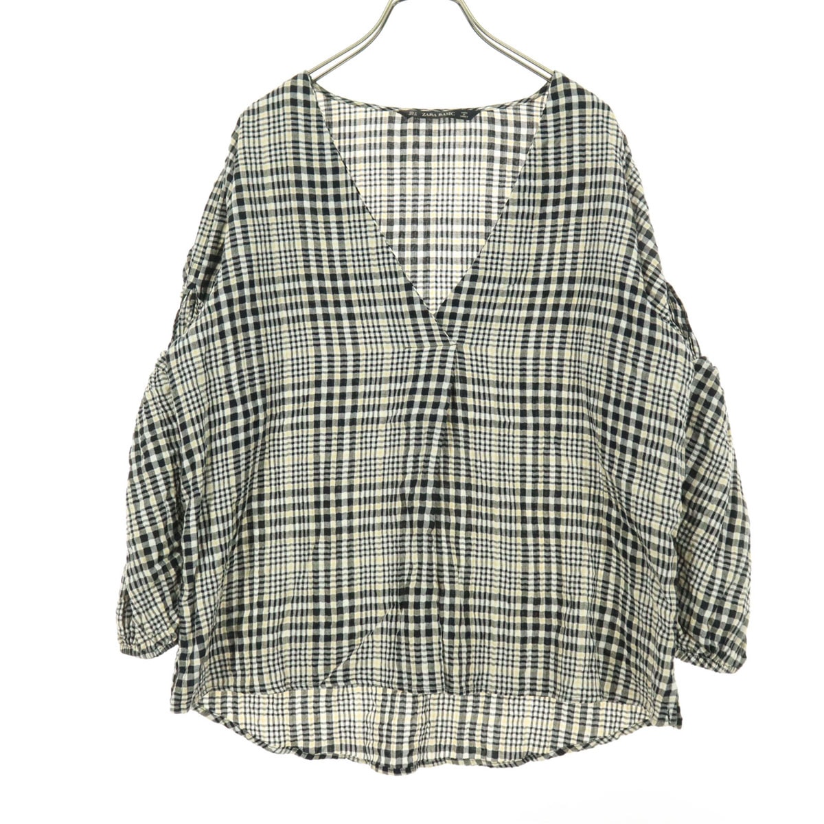 美品 ZARA BASIC ザラベーシック チェック柄 長袖 Vネック ブラウス S ブラック系