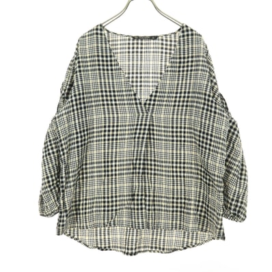 美品 ZARA BASIC ザラベーシック チェック柄 長袖 Vネック ブラウス S ブラック系
