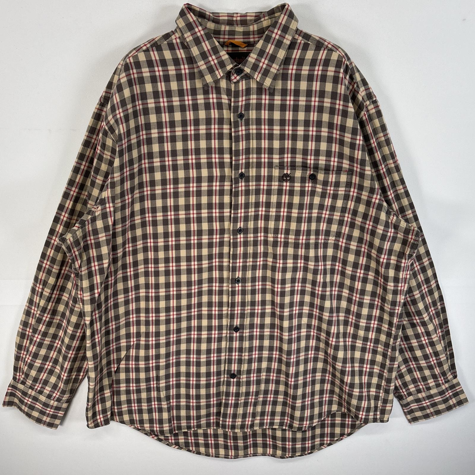 古着 ティンバーランド Timberland 長袖シャツ ワンポイント ロゴ 刺繍 チェック 大きいサイズ XL ベージュ系 チェック メンズ